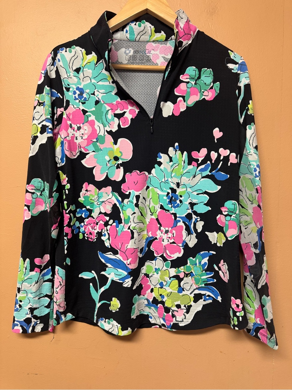 IBKUL Black Long-Sleeve Floral Quarter Zip Front Top with Pink & Teal Medium
